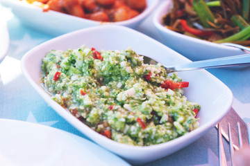 Traditional Turkish and Greek appetizers, raki, uzo, turnip and raki on the table