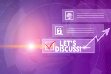 Fototapeta premium Conceptual hand writing showing Let S Discuss. Concept meaning asking someone to talk about something with demonstrating or showing Picture photo network scheme with modern smart device