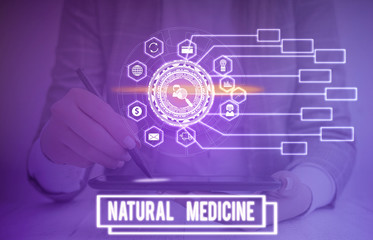 Obraz premium Text sign showing Natural Medicine. Business photo text any of various systems of healing or treating disease Picture photo system network scheme modern technology smart device
