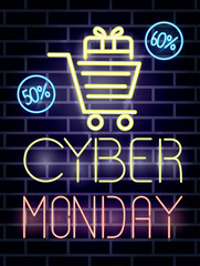 cyber monday lettering neon label with shopping cart