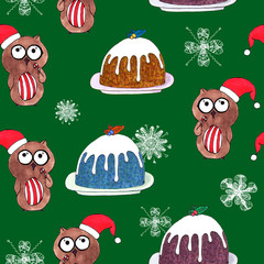 Christmas seamless pattern. Watercolor snowflake with cupcake.