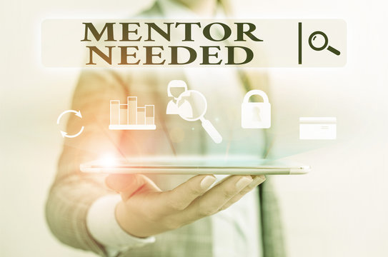 Text sign showing Mentor Needed. Business photo text wanted help for more experienced or more knowledgeable demonstrating Presenting hand blue glow text icons futuristic modern technology tech look - Powered by Adobe