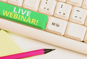 Word writing text Live Webinar. Business photo showcasing presentation lecture or seminar...