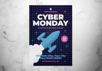 Cyber Monday Flyer Layout with Illustrated Rocket