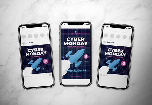 Cyber Monday Social Media Layout Set with Illustrated Rocket
