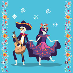 dia de los muertos card with mariachi playing guitar and catrina