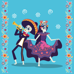 Fototapeta na wymiar dia de los muertos card with mariachi playing trumpet and catrina