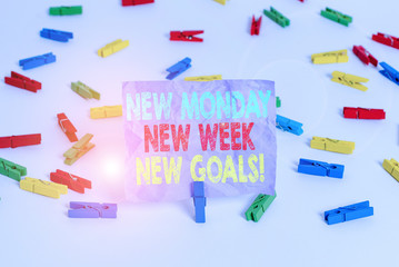 Writing note showing New Monday New Week New Goals. Business concept for goodbye weekend starting fresh goals targets Colored clothespin papers empty reminder white floor background office