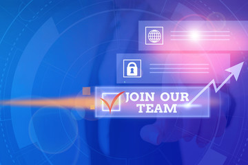 Word writing text Join Our Team. Business photo showcasing inviting someone to join in your local group or company Picture photo system network scheme modern technology smart device