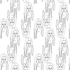 Modern seamless pattern with linear abstract woman with curly hair. Continuous line art. One line drawing. Minimalist graphic.