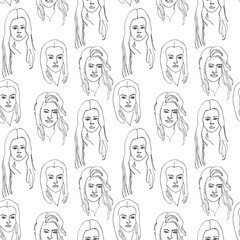 Modern seamless pattern with linear abstract woman with curly hair. Continuous line art. One line drawing. Minimalist graphic.