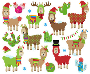 Vector Collection of Cute Christmas or Winter Holiday Themed Llamas