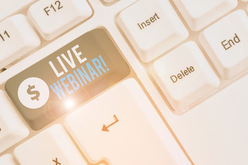 Text sign showing Live Webinar. Business photo showcasing presentation lecture or seminar...