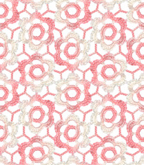 Seamless Irish lace pattern. Crochet. Pink and white melange yarn. Knitted flowers on a mesh of air loops.