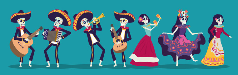 dia de los muertos card with mariachis and catrinas skuls
