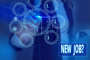 Conceptual hand writing showing New Job Question. Concept meaning formal meeting which someone asked find out if they are suitable Picture photo network scheme with modern smart device