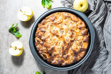 Hot traditional apple pie with cinnamon on marble rustic table top view. Fresh organic homemade dessert.