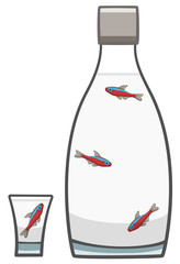 Cardinal tetra fishes inside of bottle and glass of vodka