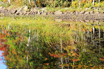 View of shoreline and beach around a lake in autumn, Nova Scotia, Canada. Trees in fall colors. Reflection in the water's surface.
