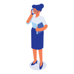Isometric business woman walking with phone.Talking on phone. Vector isolated isometric character.