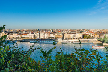 Budapest, Hungary - October 01, 2019: Panoramic cityscape view of hungarian capital city of Budapest from the Gellert Hill.