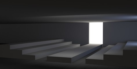 Hall, corridor with black walls and a podium. 3D render interior.