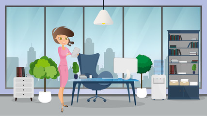 Office business interior with a girl. Background with table and computer. Business girl blonde in a skirt holds a tablet in her hands. Vector illustration in trendy flat style in pastel soft colors.