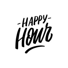 Hand drawn lettering happy hour for banner, card, poster, sale. Vector isolated typography. - obrazy, fototapety, plakaty