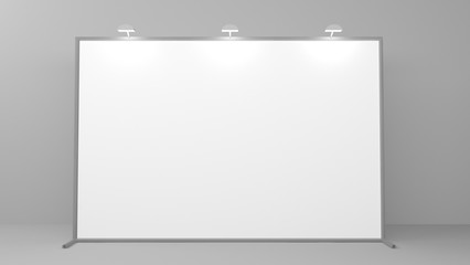 Billet press wall with blank banner. Mobile trade show booth white and blank. 3d render isolated on white background.