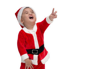 Asian baby boy in a Christmas costume Santa Claus pointing fingers and laughing isolated on white background, Happy and smile concept
