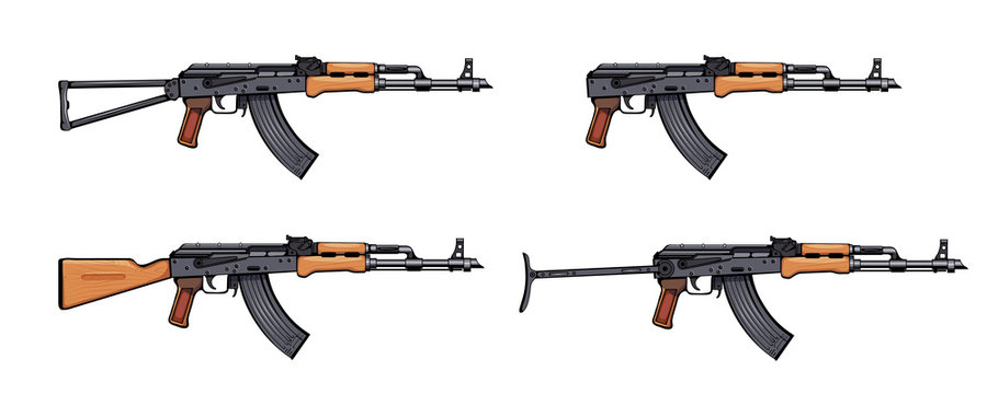 Kalashnikov rifle. Firearms. Colorful image Set of Kalashnikov assault rifle AK-47, AKM, AKC, AKMC, AK-74. Firearms in combat. Assault Gun Wireframe. Machine guns. Assault rifles. Vector graphics