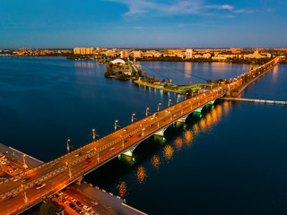 Fototapeta na wymiar Evening summer Voronezh, Chernavsky bridge and Massalitinov embankment, aerial view
