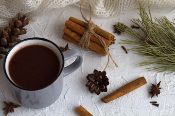 Obraz na płótnie Canvas grey cup of hot chocolate and cinnamon, anise star with pine cone and green spruce branch on white background. winter and autumn hot drinks