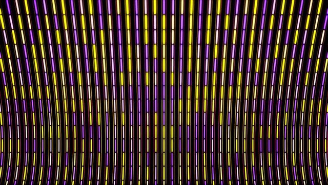 Abstract colorful lines devided into small segments flowing on black background, seamless loop. Animation. Digital vertical rows of narrow yellow and purple stripes.