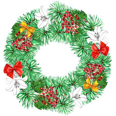 Christmas wreath on white background. Holiday illustration.