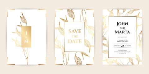 Wedding Invitation with Gold Flowers and gold geometric line design. background with geometric golden frame. Cover design with an ornament of golden leaves. vector eps10