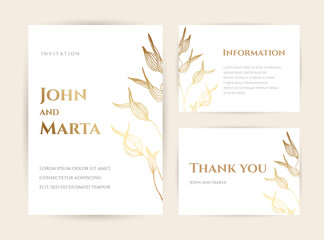 Fototapeta na wymiar Wedding Invitation with Gold Flowers and gold geometric line design. background with geometric golden frame. Cover design with an ornament of golden leaves. vector eps10