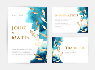 wedding invitation templates. Cover design with gold ornaments. set with hand drawn watercolor background. Trendy templates for banner, flyer, poster, greeting. eps10