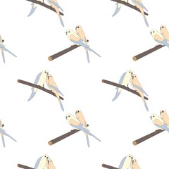 Seamless hand drawn pattern with beautiful couple of birds sitting on a branch