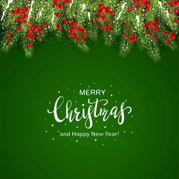 Christmas Lettering on Green Background with Holly Berries and Snow
