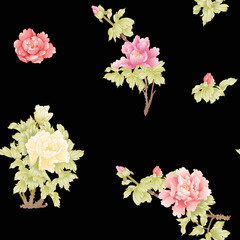 Peony tree branch with flowers in the style of Chinese painting on silk Seamless pattern, background. Colored vector illustration. Isolated on black background..