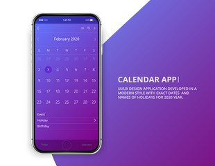 User interface design. Mobile calendar app. Phone app calendar 2020 year. Names and dates of holidays for 2020 year. Isolated phone mockup. February calendar.