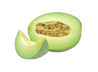 Fresh melon fruit slice to piece and half isolated on white baclground with clipping path