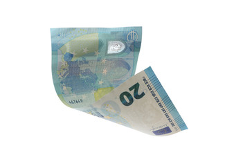 Flying twenty Euro banknote isolated on white