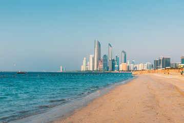 Abu Dhabi city beach and walking area with landmark view