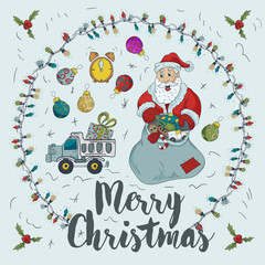 New year Christmas contour color illustration for decoration design greeting inscription Santa Claus with a bag of gifts and a truck a car in a circle of light bulbs garlands