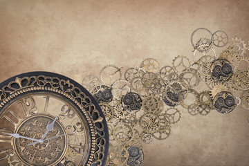 Fototapeta na wymiar steampunk clock backdrop brown - time written gear