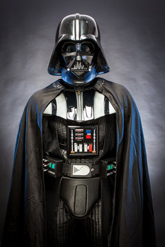 SAN BENEDETTO DEL TRONTO, ITALY. MAY 16, 2015. Portrait of Darth Vader costume replica . Darth Vader or Dart Fener is a fictional character of Star Wars saga.