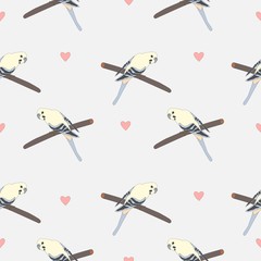 Seamless hand drawn pattern with beautiful couple of birds and hearts.