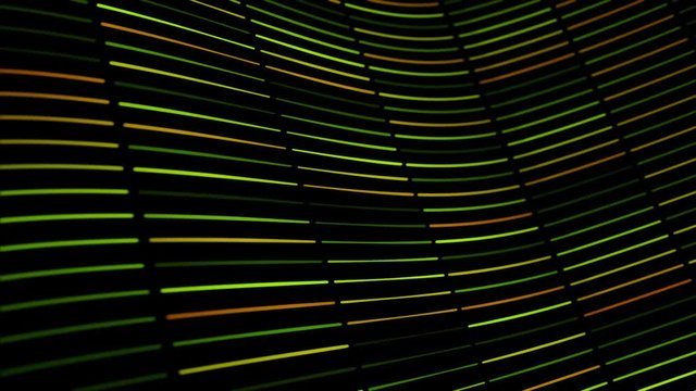 Colorful wavy texture of narrow lines devided into small segments flowing on black background, seamless loop. Animation. Green and yellow diagonal neon stripes.